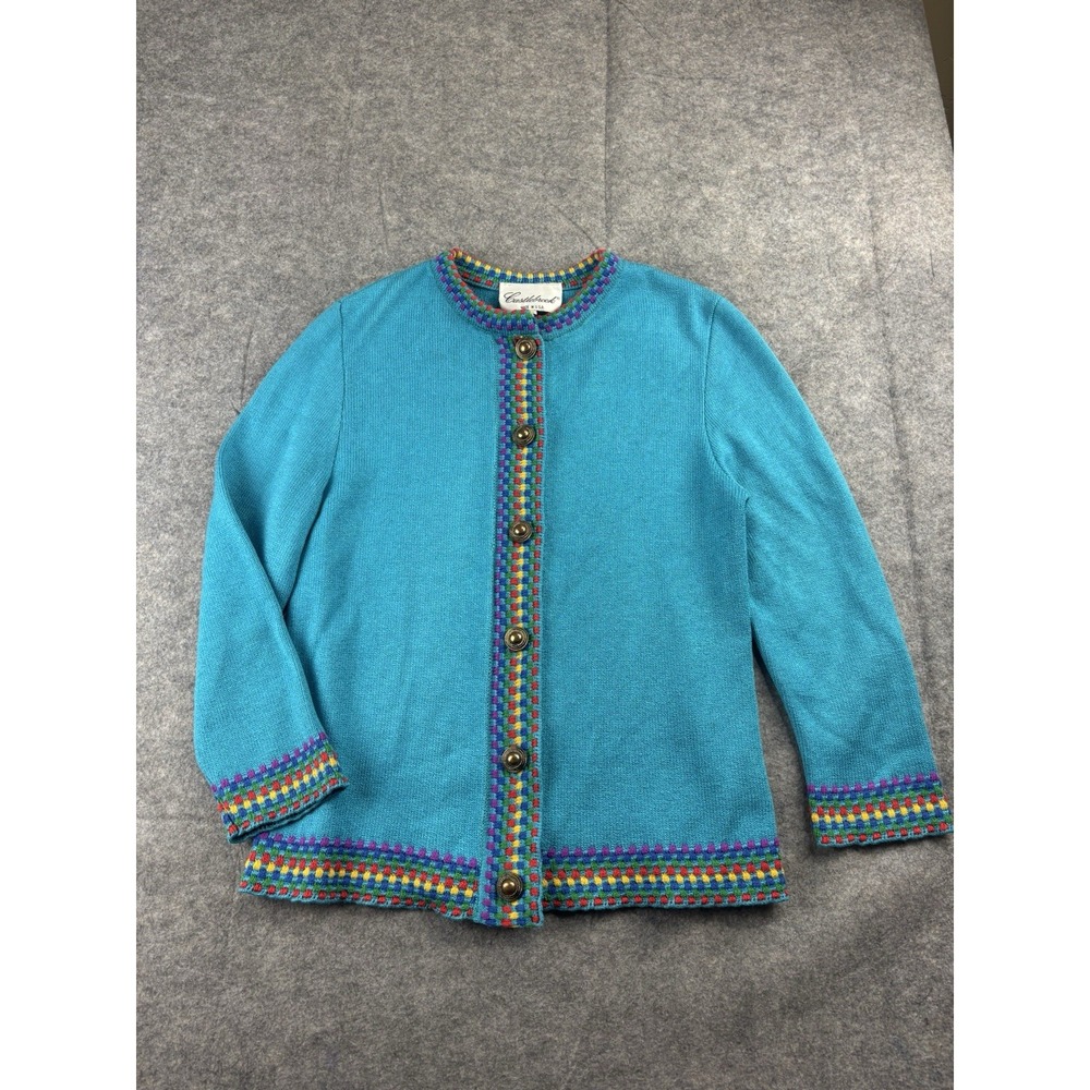 VTG CastleBrook Womens 10 Colorful USA Cardigan Preppy Mrs Frizzle Artsy Grandma